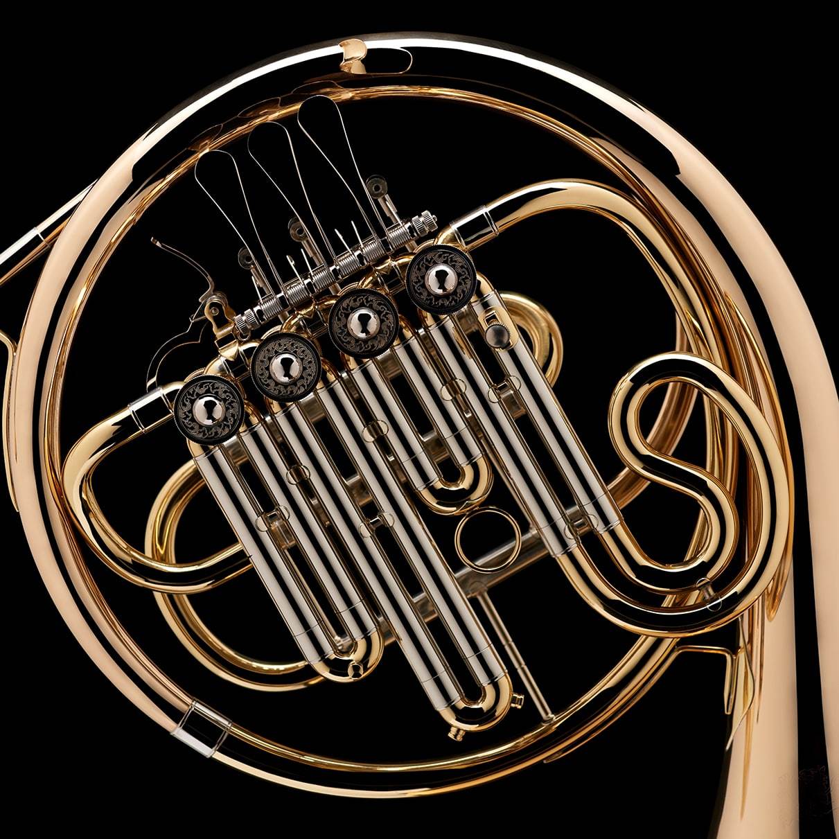A close up image showing the detailed craftsmanship of a Bb French Horn with stop valve from Wessex Tubas