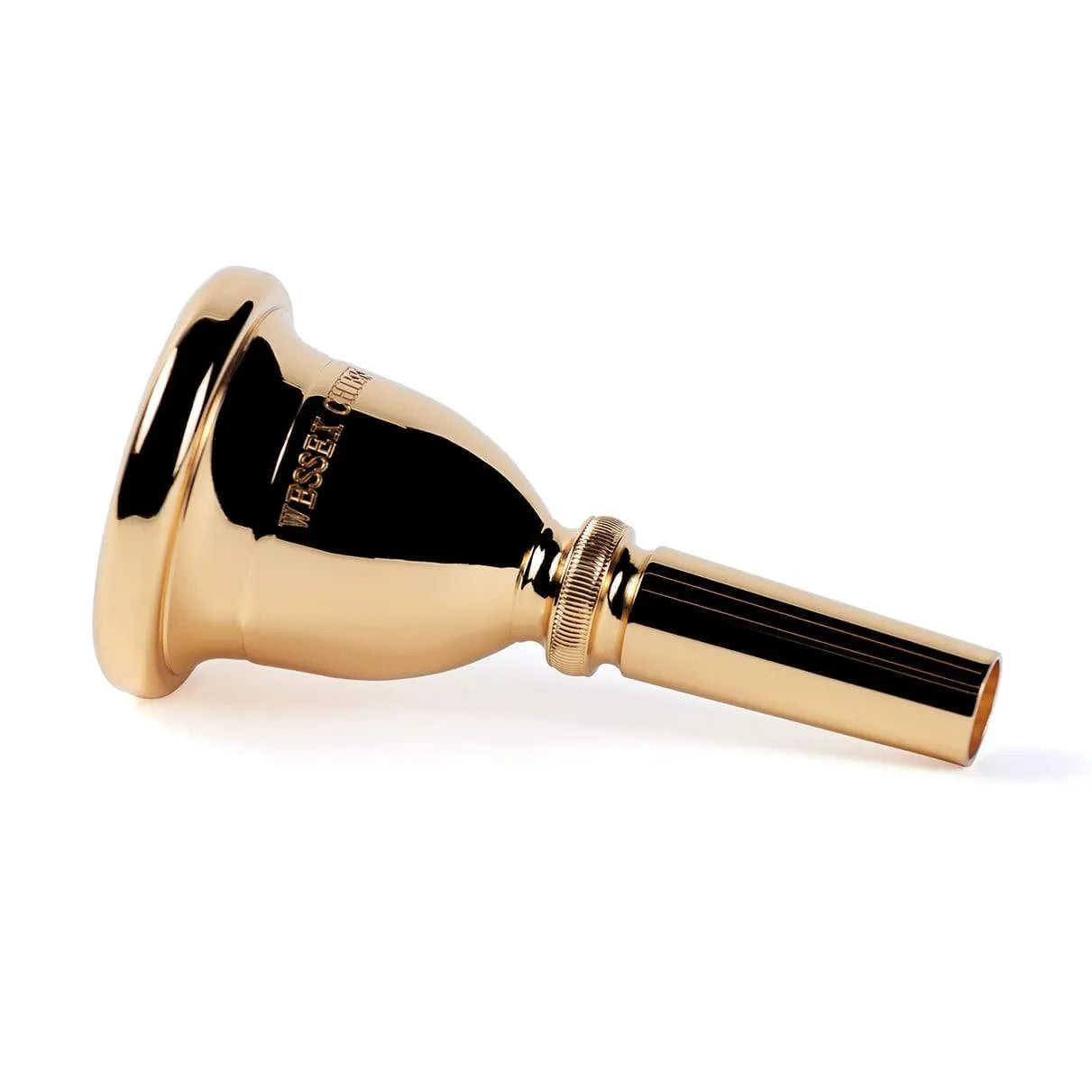 Machined Brass Tuba Mouthpiece on white background- side view