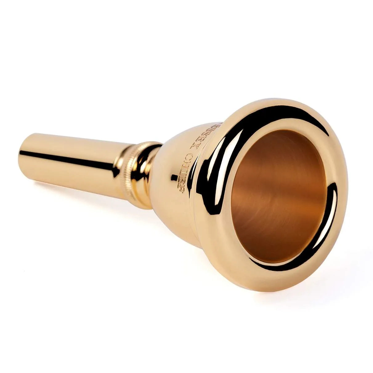 Machined Brass Tuba Mouthpiece on white background- top view