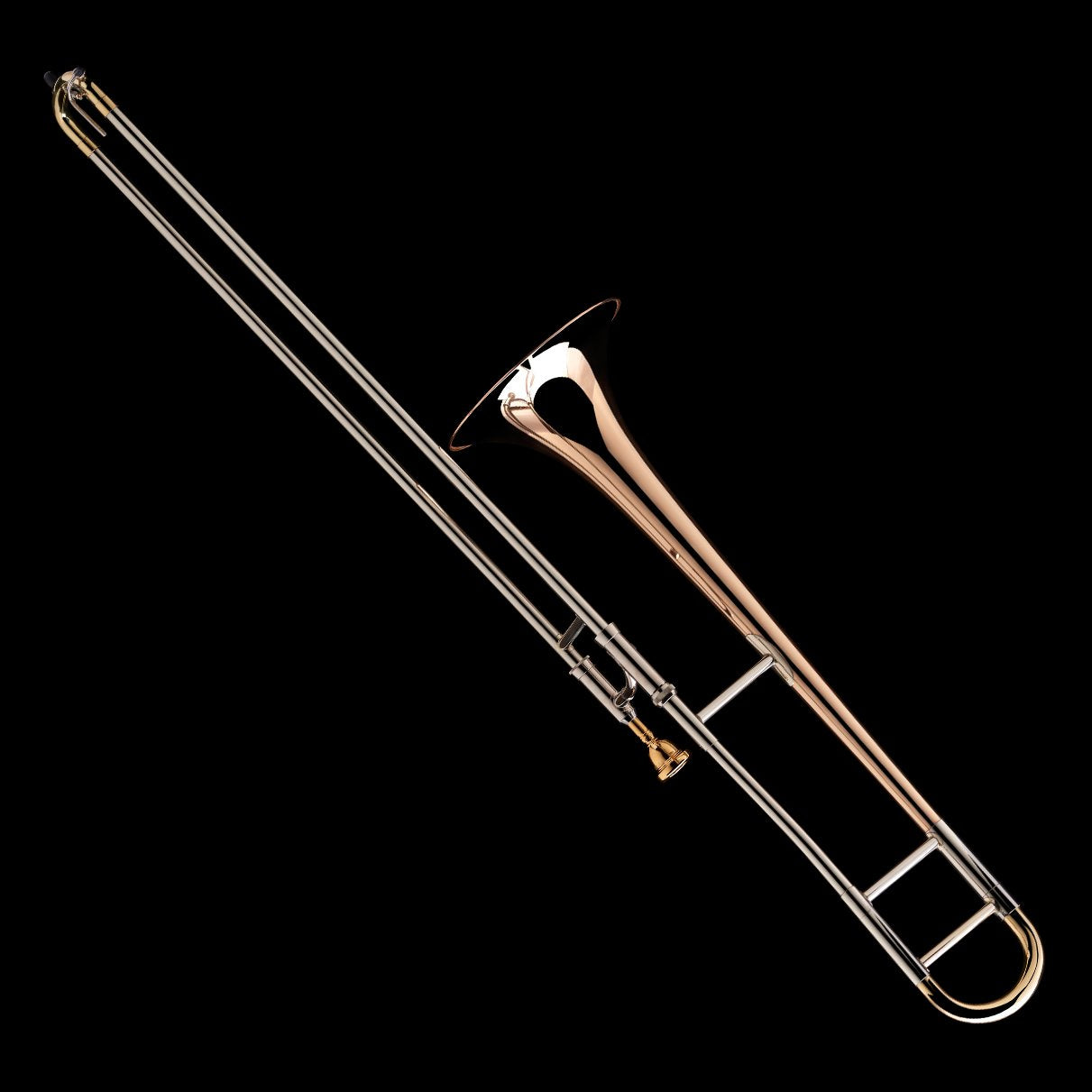 An image of a Bb Tenor Trombone in rose brass from Wessex Tubas, facing upwards and to the left