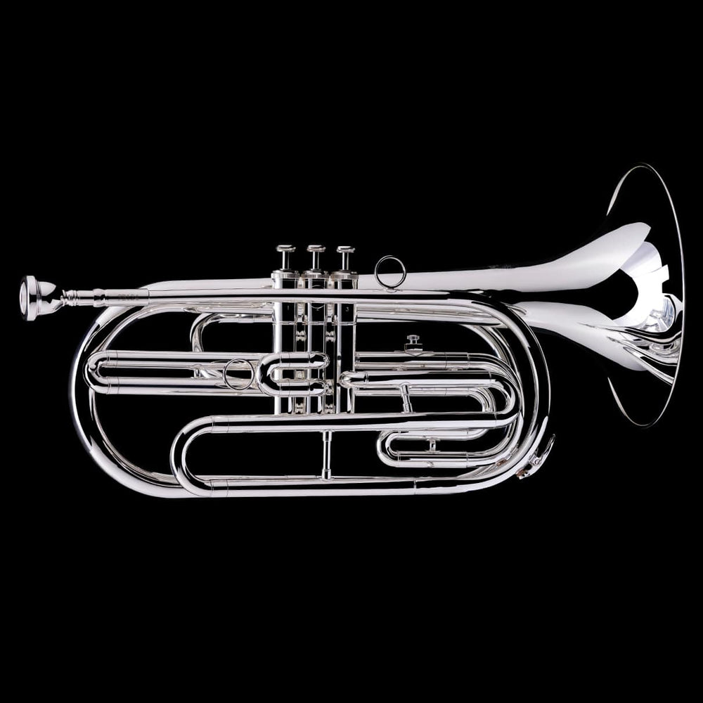 An image of a Bb Flugabone (Marching Trombone) in silver from Wessex Tubas, facing right