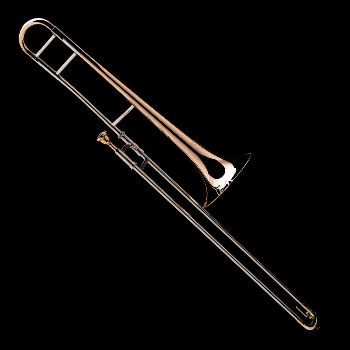 An image of a Bb Tenor Trombone from Wessex Tubas, facing downwards and to the right
