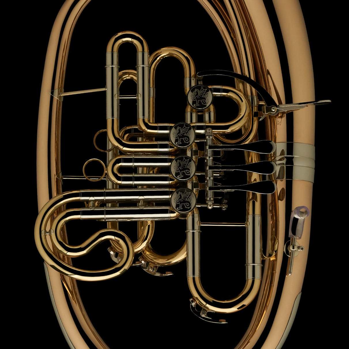 A close up image showing the detail in the tubing and valves of a Bb/F Wagner Tuba from Wessex Tubas