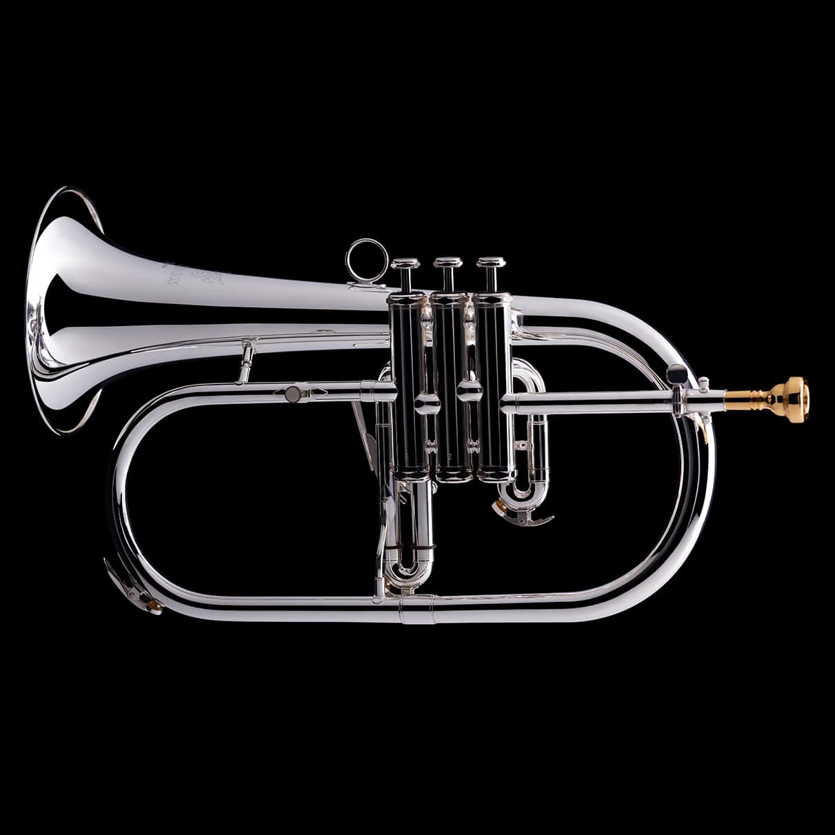 An alternative image of a Bb Flugel Horn in silver from Wessex Tubas, facing left