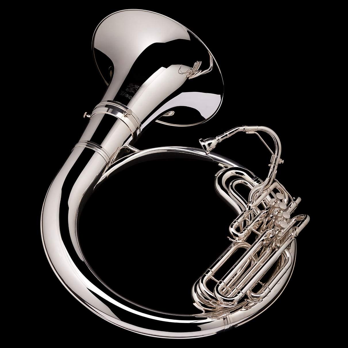 An image of the back of a Eb Helicon from Wessex Tubas, in silver-plate
