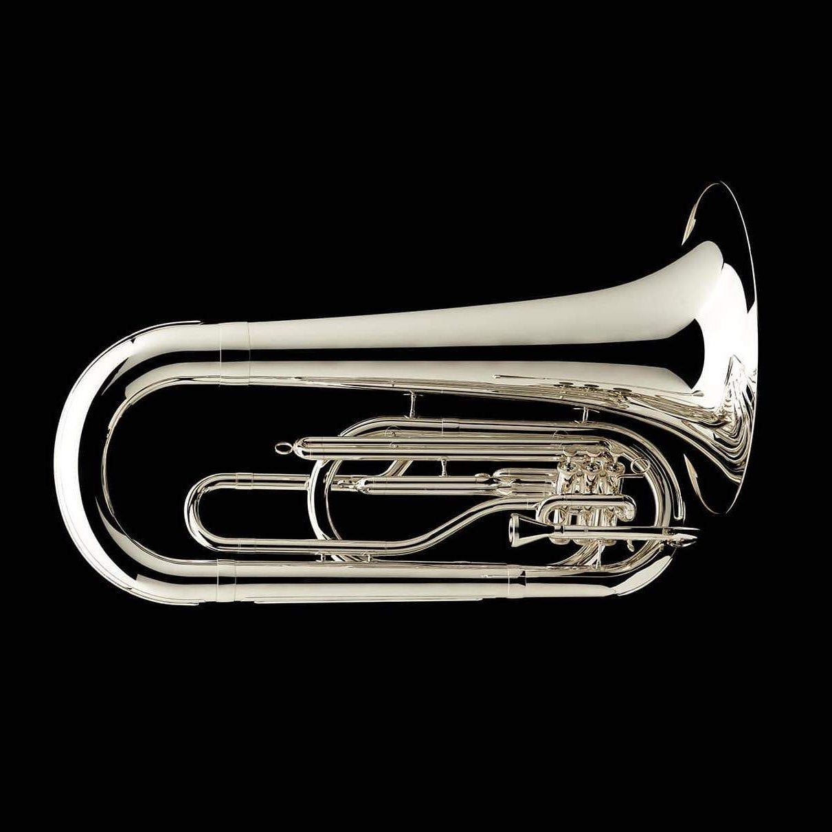 An image of a BBb 4/4 Marching Contra (tuba) in silver-plate from Wessex Tubas, facing right