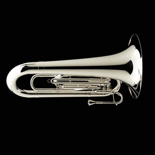 An image showing the top of a BBb 4/4 Marching Contra (tuba) in silver-plate from Wessex Tubas