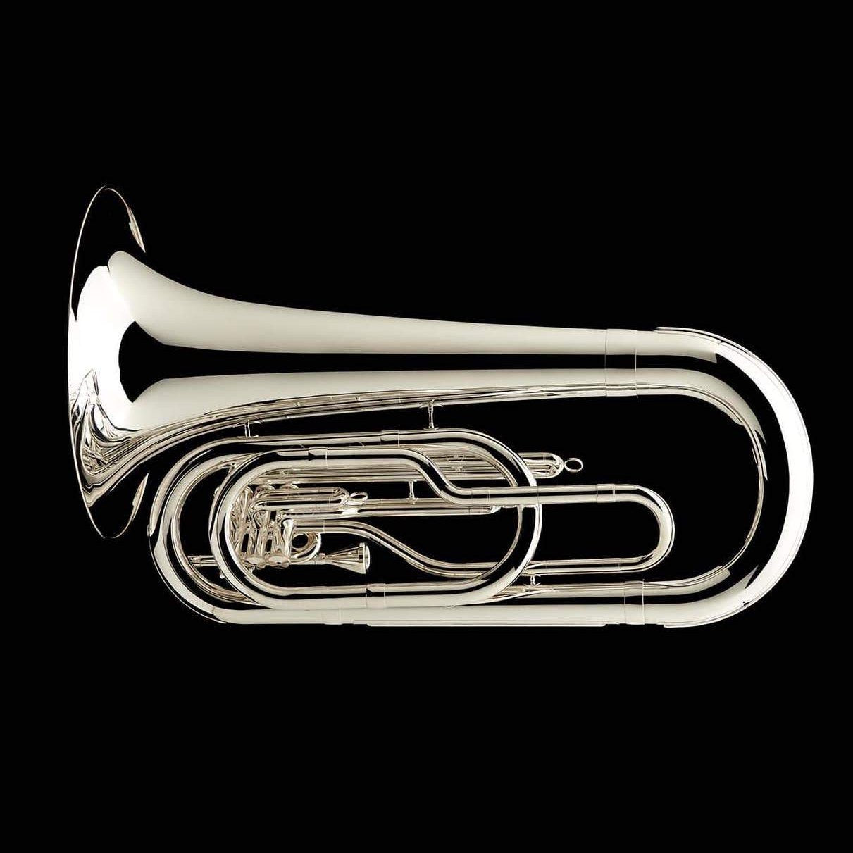 An image of a BBb 4/4 Marching Contra (tuba) in silver-plate from Wessex Tubas, facing left