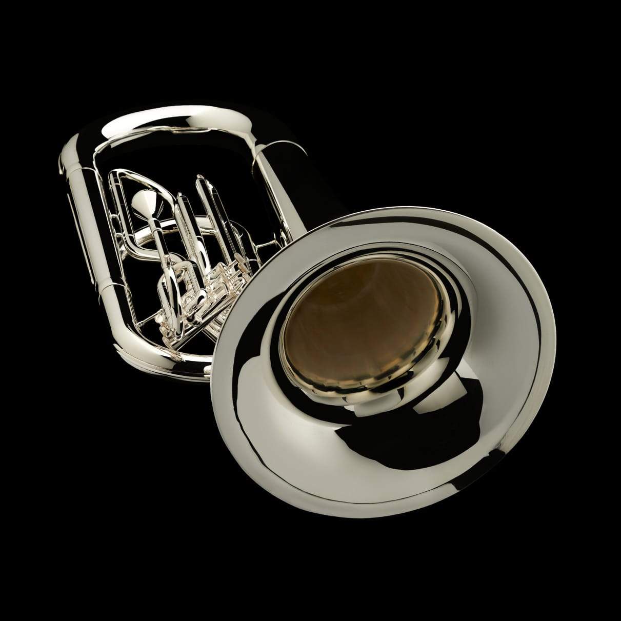 A close up image of the bell of a BBb 4/4 Marching Contra (tuba) in silver from Wessex Tubas