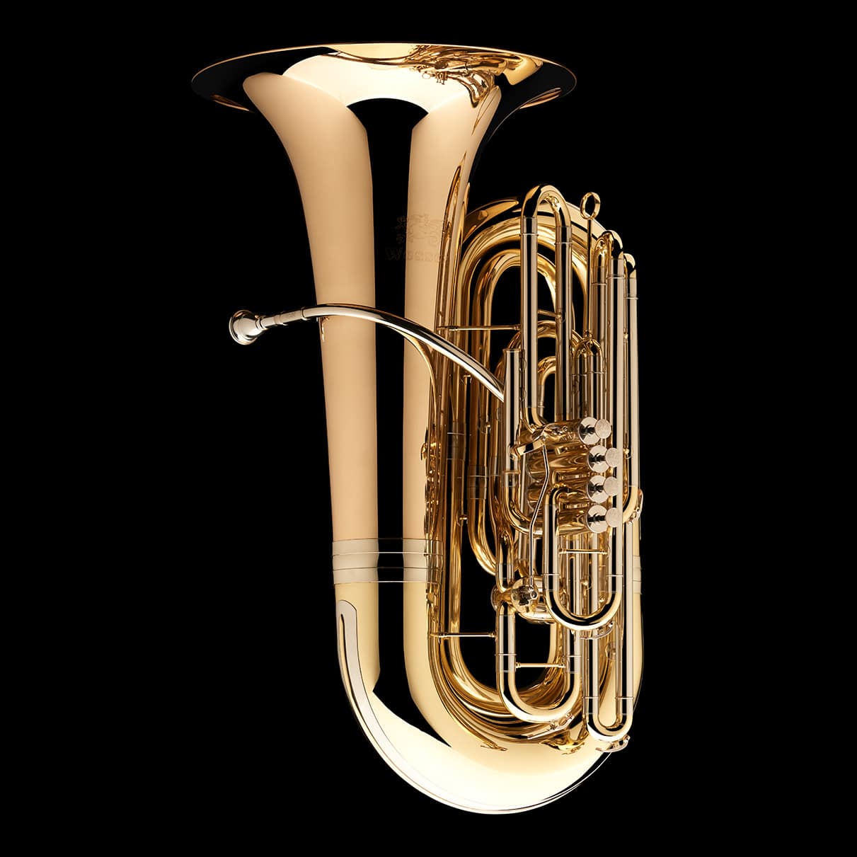 An image of the front of a BBb 4/4 Tuba with 5-valves 'Viverna' from Wessex Tubas