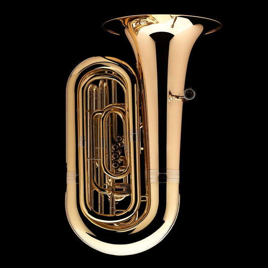 An image of the side of a BBb 4/4 Tuba with 5-valves 'Viverna' from Wessex Tubas, showing the mouthpiece and tubing