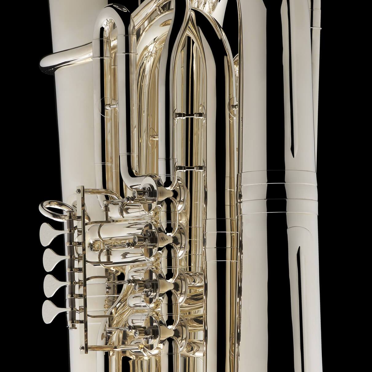 A close up image of the rotary valves of a BBb 6/4 Rotary tuba ‘Kaiser’ from Wessex Tubas