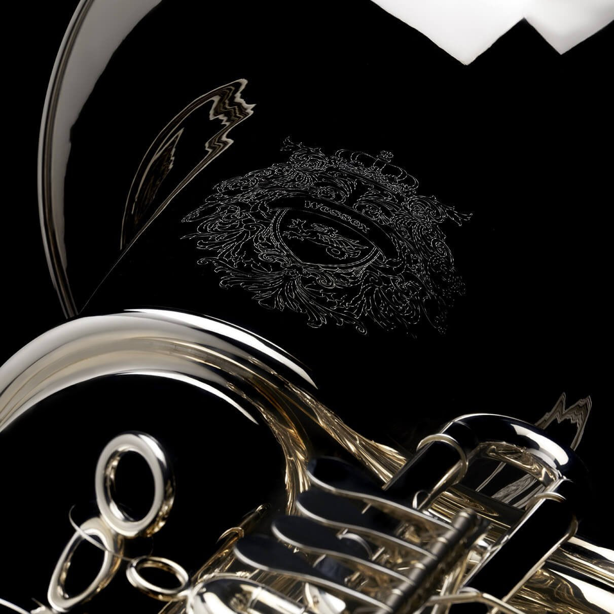 An image detailing the hand-engraving on a BBb 6/4 Rotary tuba ‘Kaiser’  from Wessex Tubas