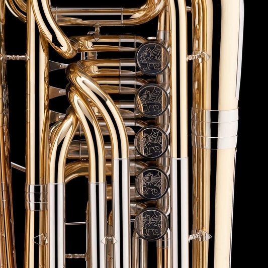A close up image of the detailed engravings on a Eb Rotary Tuba ‘Danube’ from Wessex Tubas