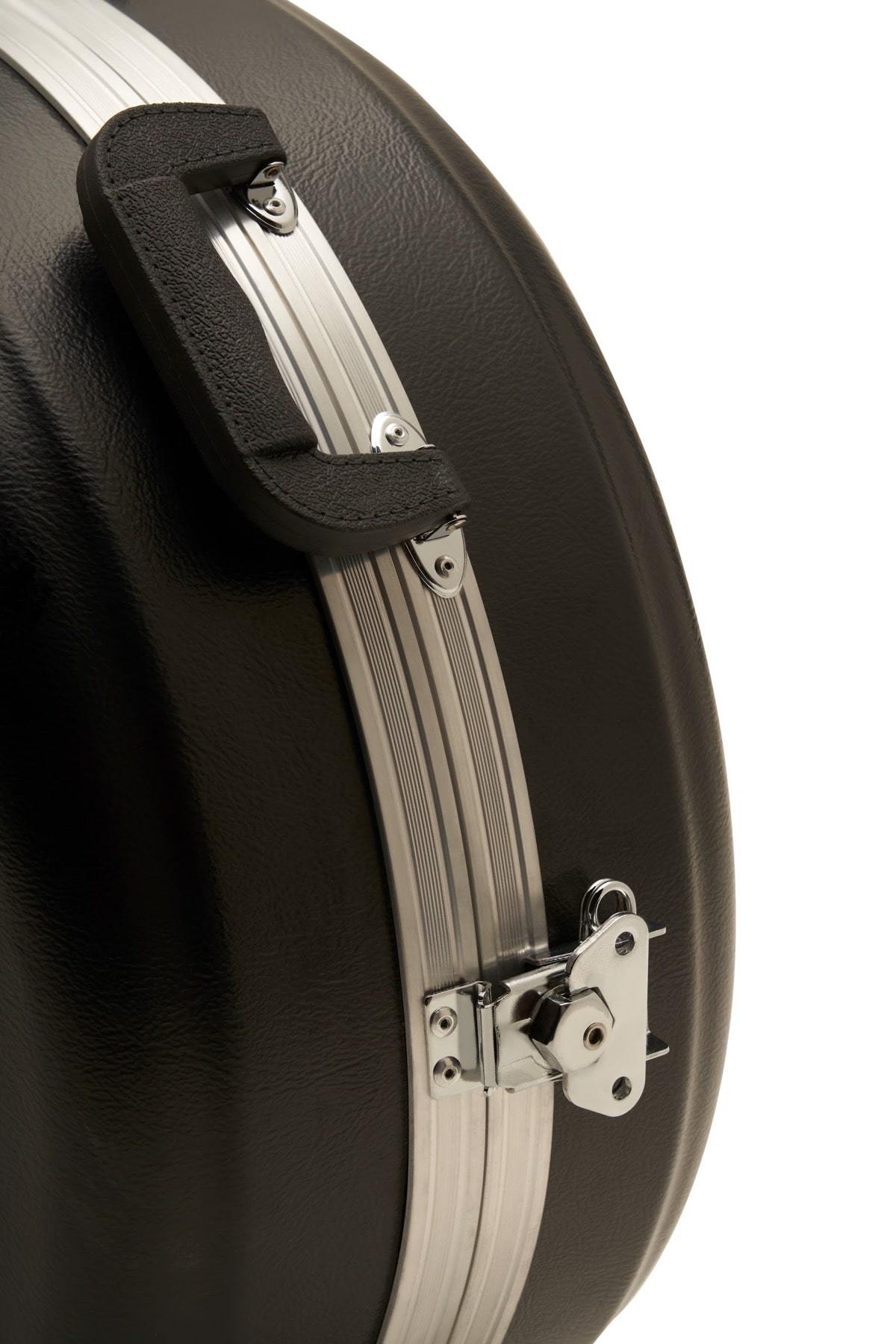 A detailed shot of the handle and latch of the Eb Tuba Hard Case